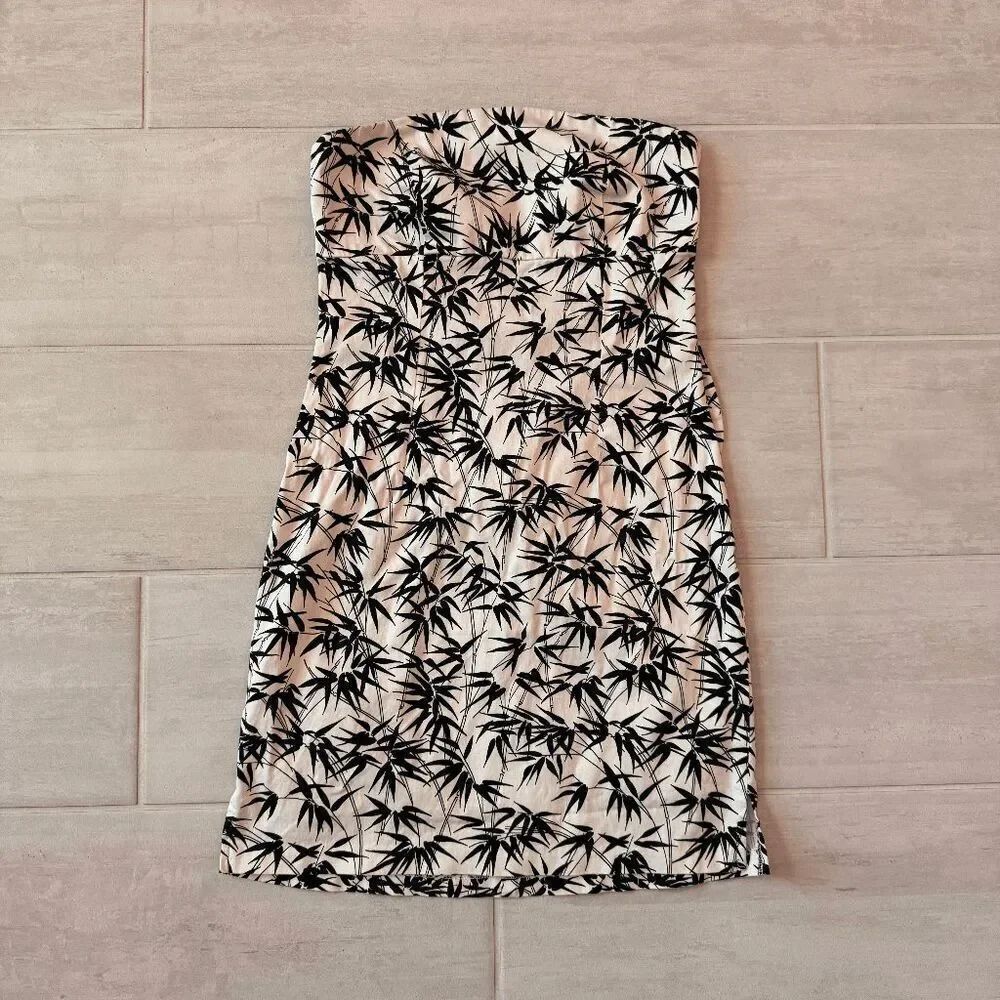 Teeze Me Mini Dress Strapless Bodycon Black & White Tropical Print Open Back S